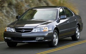 Превью обои acura, tl, 2002, синий, вид спереди, стиль, авто, акура, горы, асфальт