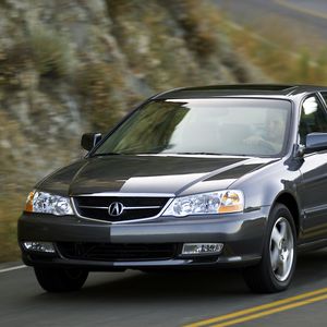 Превью обои acura, tl, 2002, синий, вид спереди, стиль, авто, акура, горы, асфальт