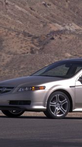 Превью обои acura, tl, 2004, серебряный металлик, вид сбоку, стиль, акура, авто, горы, асфальт