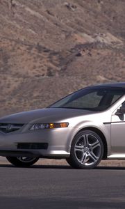 Превью обои acura, tl, 2004, серебряный металлик, вид сбоку, стиль, акура, авто, горы, асфальт