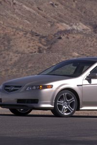 Превью обои acura, tl, 2004, серебряный металлик, вид сбоку, стиль, акура, авто, горы, асфальт