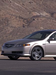 Превью обои acura, tl, 2004, серебряный металлик, вид сбоку, стиль, акура, авто, горы, асфальт