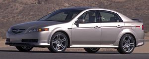 Превью обои acura, tl, 2004, серебряный металлик, вид сбоку, стиль, акура, авто, горы, асфальт