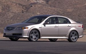 Превью обои acura, tl, 2004, серебряный металлик, вид сбоку, стиль, акура, авто, горы, асфальт