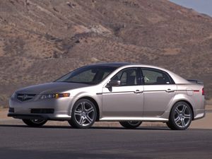 Превью обои acura, tl, 2004, серебряный металлик, вид сбоку, стиль, акура, авто, горы, асфальт