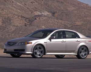 Превью обои acura, tl, 2004, серебряный металлик, вид сбоку, стиль, акура, авто, горы, асфальт