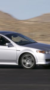 Превью обои acura, tl, 2004, серебряный металлик, вид сбоку, стиль, акура, авто, скорость, горы, асфальт