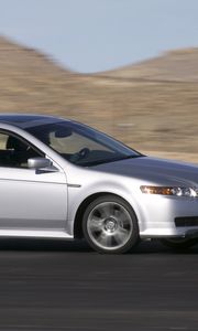 Превью обои acura, tl, 2004, серебряный металлик, вид сбоку, стиль, акура, авто, скорость, горы, асфальт