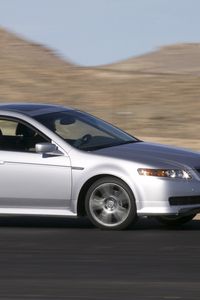 Превью обои acura, tl, 2004, серебряный металлик, вид сбоку, стиль, акура, авто, скорость, горы, асфальт