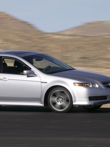 Превью обои acura, tl, 2004, серебряный металлик, вид сбоку, стиль, акура, авто, скорость, горы, асфальт