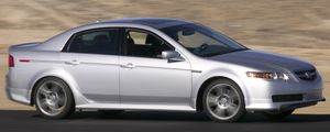 Превью обои acura, tl, 2004, серебряный металлик, вид сбоку, стиль, акура, авто, скорость, горы, асфальт