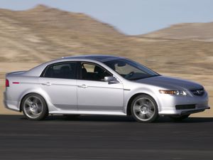 Превью обои acura, tl, 2004, серебряный металлик, вид сбоку, стиль, акура, авто, скорость, горы, асфальт