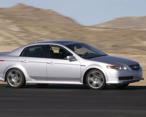 Превью обои acura, tl, 2004, серебряный металлик, вид сбоку, стиль, акура, авто, скорость, горы, асфальт