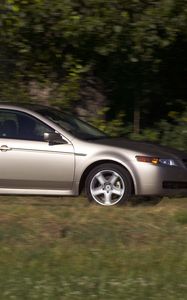 Превью обои acura, tl, 2004, серебряный металлик, вид сбоку, стиль, авто, акура, природа, деревья, трава