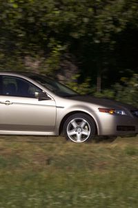 Превью обои acura, tl, 2004, серебряный металлик, вид сбоку, стиль, авто, акура, природа, деревья, трава