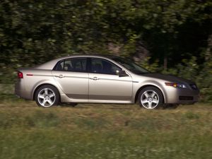 Превью обои acura, tl, 2004, серебряный металлик, вид сбоку, стиль, авто, акура, природа, деревья, трава