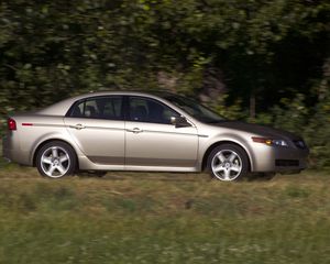 Превью обои acura, tl, 2004, серебряный металлик, вид сбоку, стиль, авто, акура, природа, деревья, трава