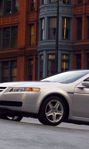 Превью обои acura, tl, 2004, белый металлик, вид сбоку, стиль, авто, акура, здание, асфальт