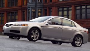 Превью обои acura, tl, 2004, белый металлик, вид сбоку, стиль, авто, акура, здание, асфальт