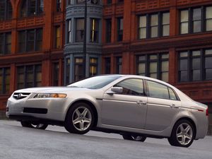 Превью обои acura, tl, 2004, белый металлик, вид сбоку, стиль, авто, акура, здание, асфальт