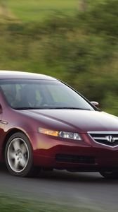 Превью обои acura, tl, 2004, красный, вид сбоку, стиль, авто, акура, природа, скорость, трава