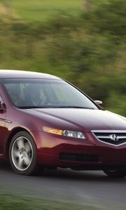 Превью обои acura, tl, 2004, красный, вид сбоку, стиль, авто, акура, природа, скорость, трава