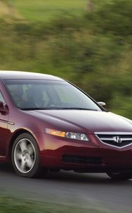 Превью обои acura, tl, 2004, красный, вид сбоку, стиль, авто, акура, природа, скорость, трава