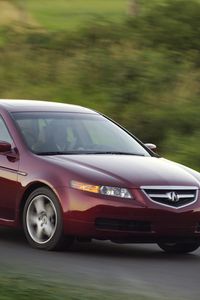 Превью обои acura, tl, 2004, красный, вид сбоку, стиль, авто, акура, природа, скорость, трава