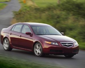 Превью обои acura, tl, 2004, красный, вид сбоку, стиль, авто, акура, природа, скорость, трава