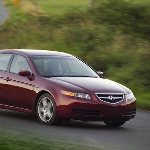 Превью обои acura, tl, 2004, красный, вид сбоку, стиль, авто, акура, природа, скорость, трава