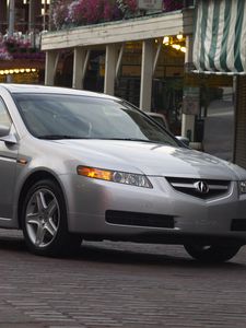 Превью обои acura, tl, 2004, серый металлик, вид сбоку, стиль, авто, акура, улица, здание