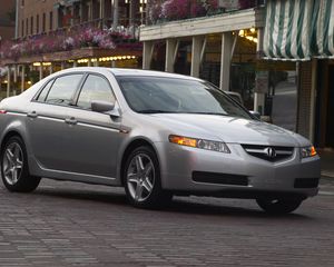 Превью обои acura, tl, 2004, серый металлик, вид сбоку, стиль, авто, акура, улица, здание