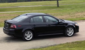 Превью обои acura, tl, 2007, черный, вид сбоку, стиль, авто, акура, деревья, трава, асфальт