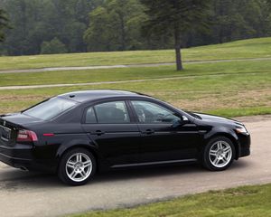 Превью обои acura, tl, 2007, черный, вид сбоку, стиль, авто, акура, деревья, трава, асфальт