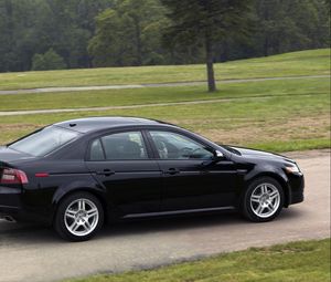 Превью обои acura, tl, 2007, черный, вид сбоку, стиль, авто, акура, деревья, трава, асфальт