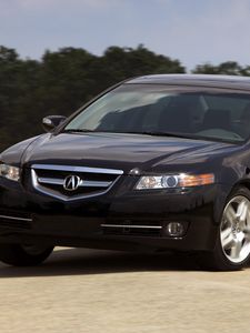 Превью обои acura, tl, 2007, черный, вид спереди, стиль, акура, авто, небо, деревья, асфальт