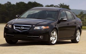 Превью обои acura, tl, 2007, черный, вид спереди, стиль, акура, авто, небо, деревья, асфальт