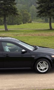 Превью обои acura, tl, 2007, черный, вид сбоку, стиль, авто, акура, природа, трава, деревья, асфальт