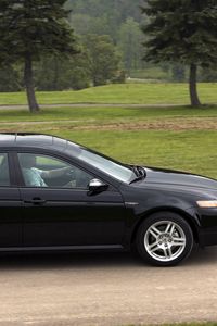 Превью обои acura, tl, 2007, черный, вид сбоку, стиль, авто, акура, природа, трава, деревья, асфальт