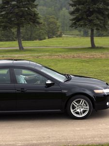 Превью обои acura, tl, 2007, черный, вид сбоку, стиль, авто, акура, природа, трава, деревья, асфальт