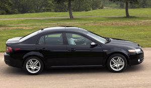 Превью обои acura, tl, 2007, черный, вид сбоку, стиль, авто, акура, природа, трава, деревья, асфальт