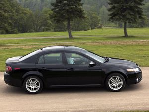 Превью обои acura, tl, 2007, черный, вид сбоку, стиль, авто, акура, природа, трава, деревья, асфальт