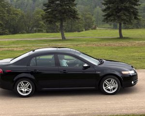 Превью обои acura, tl, 2007, черный, вид сбоку, стиль, авто, акура, природа, трава, деревья, асфальт