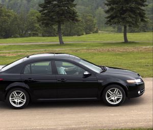 Превью обои acura, tl, 2007, черный, вид сбоку, стиль, авто, акура, природа, трава, деревья, асфальт