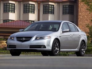 Превью обои acura, tl, 2007, серебряный металлик, вид спереди, стиль, авто, здание, трава