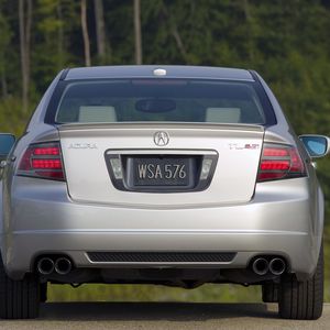 Превью обои acura, tl, 2007, серебряный металлик, вид сзади, стиль, авто, акура, деревья