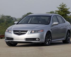 Превью обои acura, tl, 2007, серебряный металлик, вид спереди, стиль, авто, акура, природа, деревья, небо, асфальт