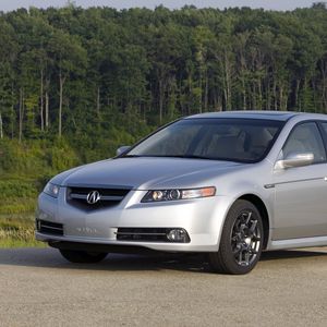 Превью обои acura, tl, 2007, серебряный металлик, вид спереди, стиль, авто, акура, лес, кустарники, трава