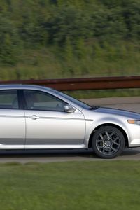 Превью обои acura, tl, 2007, серебряный металлик, вид сбоку, стиль, акура, авто, скорость, природа, кустарники, трава