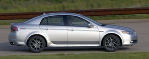 Превью обои acura, tl, 2007, серебряный металлик, вид сбоку, стиль, акура, авто, скорость, природа, кустарники, трава